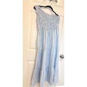One Shoulder Smocked Striped Tiered Midi Dress Casual Summer Size‎ M